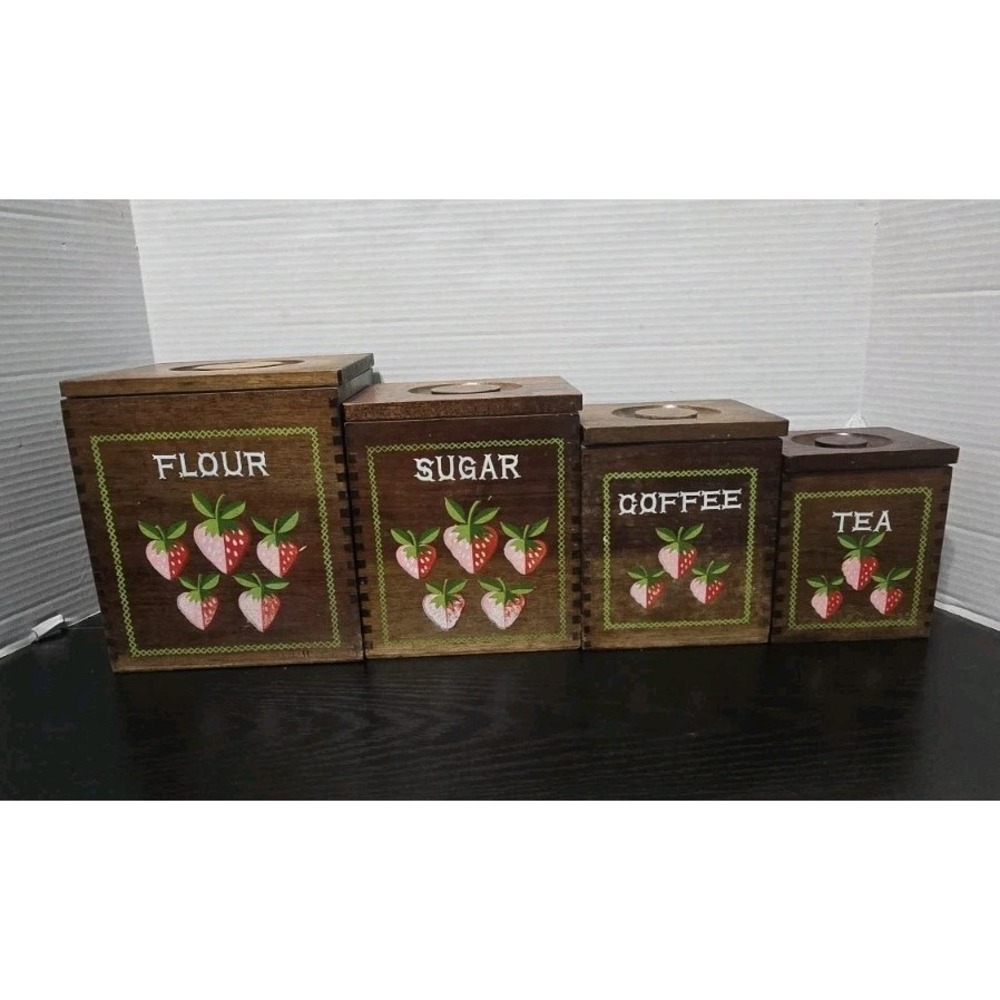 Vintage Wooden Canister Set "Strawberry Fields" By Woodcrest Styson